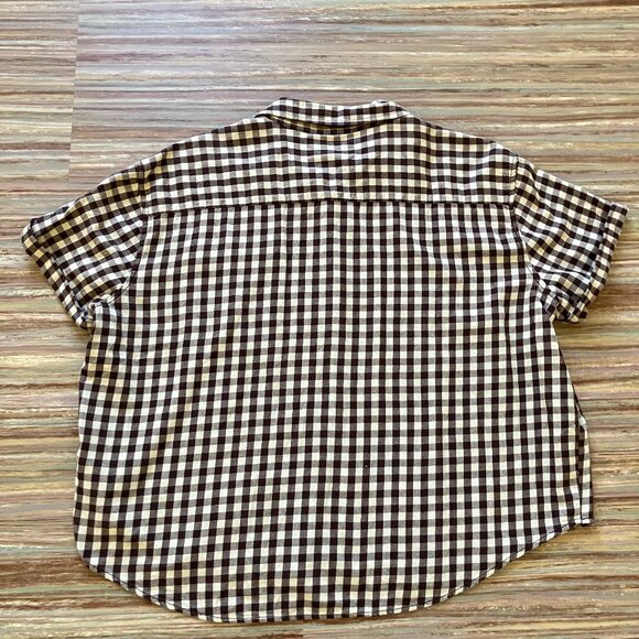 Denim & Supply Brown Plaid Short Sleeve Shirt Beaded Pocket Women's Medium Top - Picture 7 of 7